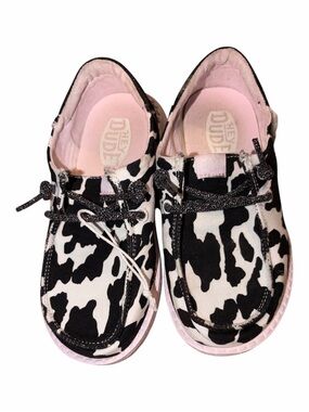 Hey Dude Kids Cow Print Slip-Ons with Pink Accents